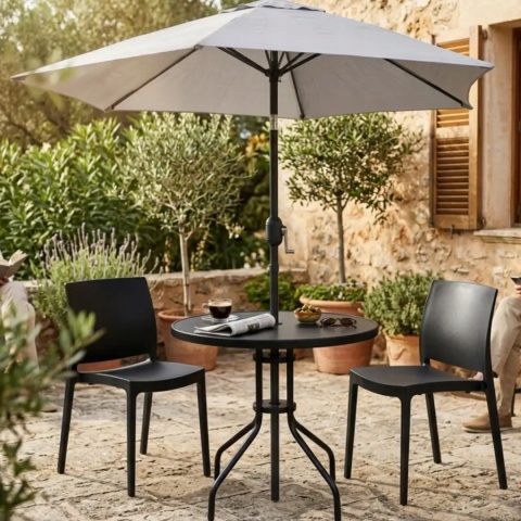 Stolik ogrodowy okrągły 80 cm czarny – szklany stół z otworem na parasol