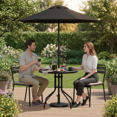 Stolik ogrodowy okrągły 80 cm czarny – szklany stół z otworem na parasol