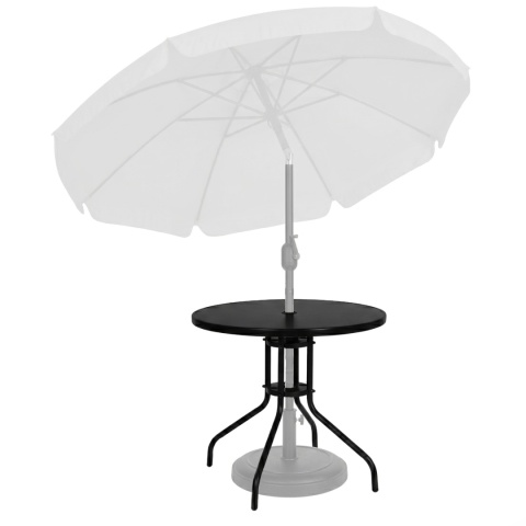 Stolik ogrodowy okrągły 80 cm czarny – szklany stół z otworem na parasol