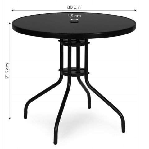 Stolik ogrodowy okrągły 80 cm czarny – szklany stół z otworem na parasol