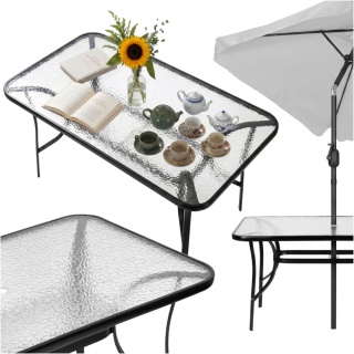 Stół ogrodowy szklany 160x90 cm na taras, balkon i do ogrodu z otworem na parasol