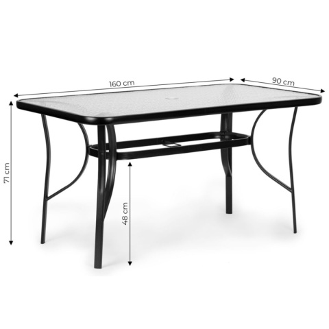 Dane techniczne stolika o wysokości  71cm i wymiarach blatu 160x90cm