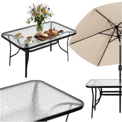 Stół ogrodowy szklany 120x70 cm – na taras, balkon i do ogrodu z otworem na parasol