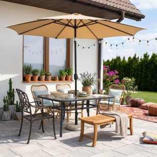 Stół ogrodowy szklany 120x70 cm – na taras, balkon i do ogrodu z otworem na parasol