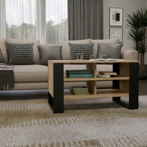 Stolik kawowy z półkami MODERN - dąb artisan / czarne nogi