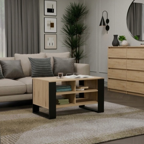 Stolik kawowy z półkami MODERN - dąb artisan / czarne nogi
