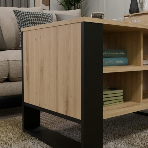 Stolik kawowy z półkami MODERN - dąb artisan / czarne nogi