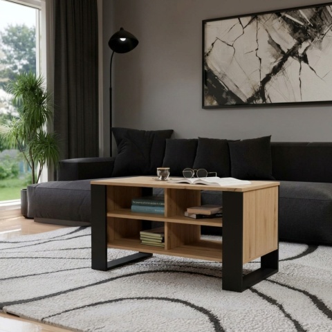 Stolik kawowy z półkami MODERN - dąb artisan / czarne nogi