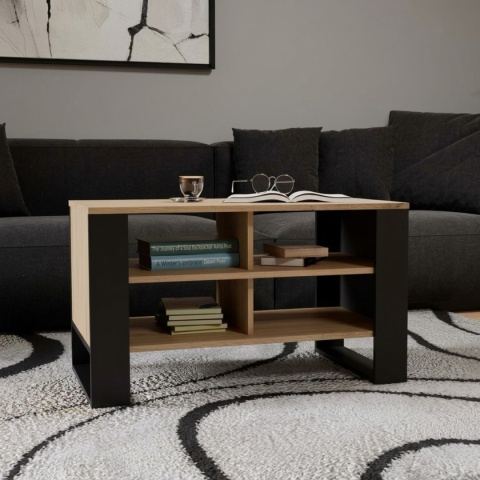 Stolik kawowy z półkami MODERN - dąb artisan / czarne nogi