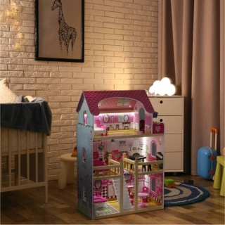 Domek dla Lalek Drewniany Duży z Podświetleniem LED i Mebelkami 90 cm