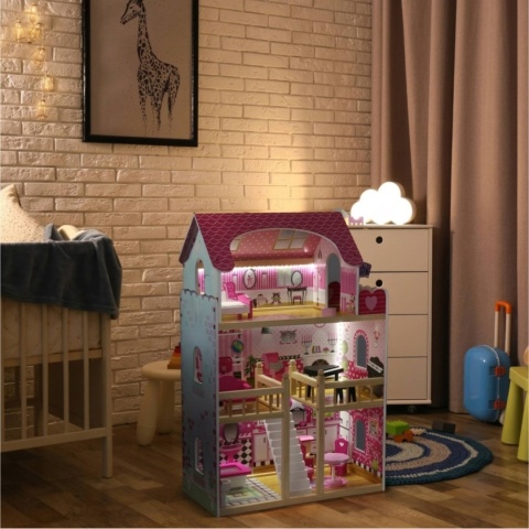 Domek dla Lalek Drewniany Duży z Podświetleniem LED i Mebelkami 90 cm