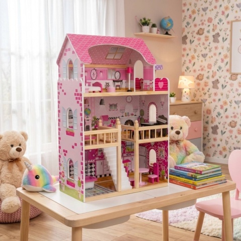 Domek dla Lalek Drewniany Duży z Podświetleniem LED i Mebelkami 90 cm