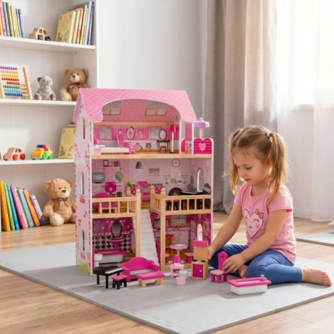 Domek dla Lalek Drewniany Duży z Podświetleniem LED i Mebelkami 90 cm