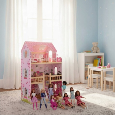 Domek dla Lalek Drewniany Duży z Podświetleniem LED i Mebelkami 90 cm