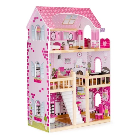 Domek dla Lalek Drewniany Duży z Podświetleniem LED i Mebelkami 90 cm