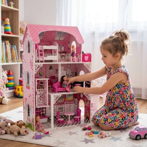 Domek Dla Lalek DUŻY XXL Drewniany 3 Piętra Winda Zjeżdżalnia MEBELKI 90cm
