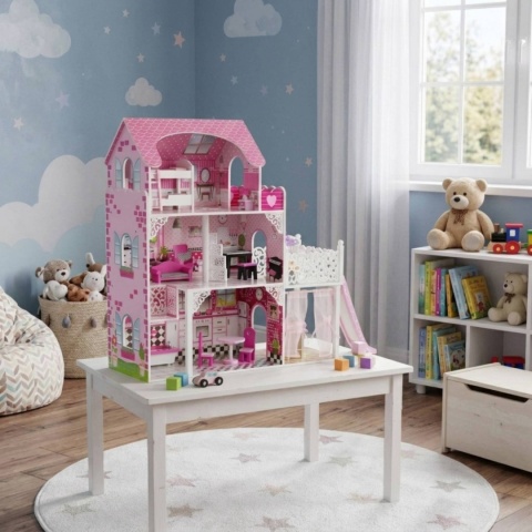 Domek Dla Lalek DUŻY XXL Drewniany 3 Piętra Winda Zjeżdżalnia MEBELKI 90cm