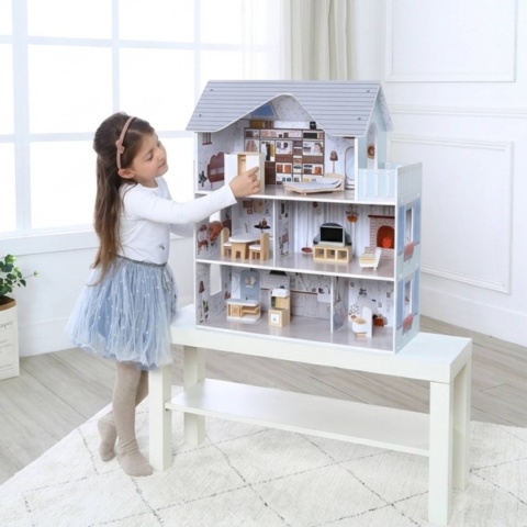 Domek Dla Lalek Drewniany Duży z Mebelkami 70cm 3 Piętra