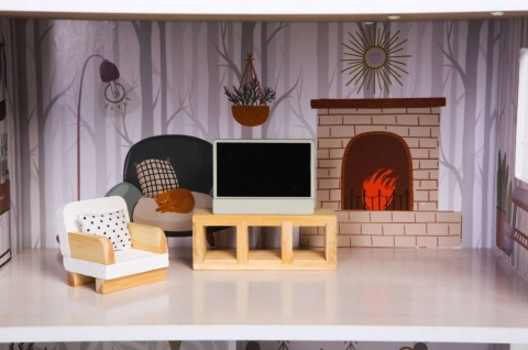 Domek Dla Lalek Drewniany Duży z Mebelkami 70cm 3 Piętra