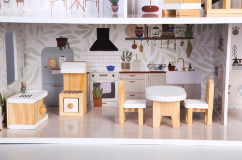 Domek Dla Lalek Drewniany Duży z Mebelkami 70cm 3 Piętra