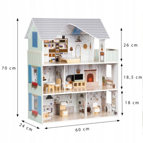 Domek Dla Lalek Drewniany Duży z Mebelkami 70cm 3 Piętra