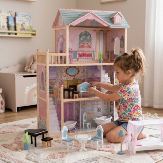 Domek Dla Lalek XXL Duży Drewniany z Mebelkami 3 Piętra Balkon