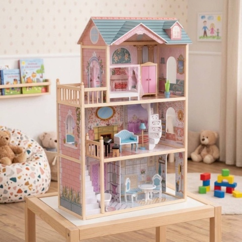 Domek Dla Lalek XXL Duży Drewniany z Mebelkami 3 Piętra Balkon