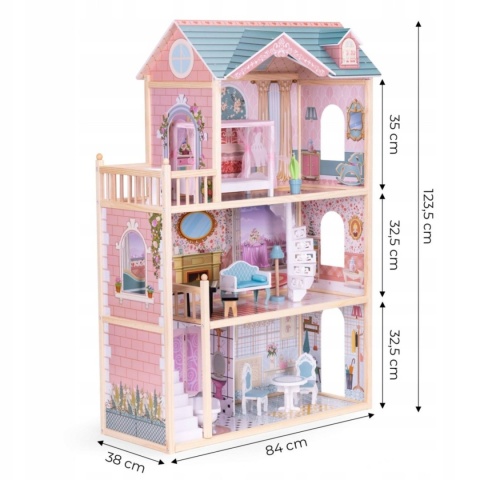 Domek Dla Lalek XXL Duży Drewniany z Mebelkami 3 Piętra Balkon