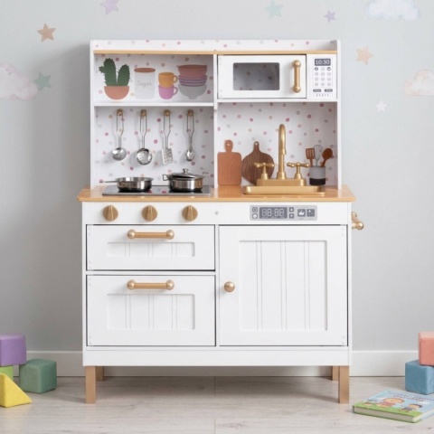 Kuchnia dla dzieci z dźwiękami i LED drewniana duża otwierane szafki 7 akcesoriów ECOTOYS