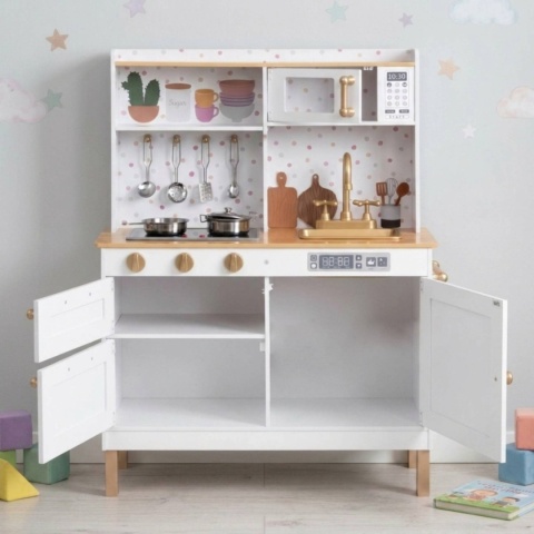 Kuchnia dla dzieci z dźwiękami i LED drewniana duża otwierane szafki 7 akcesoriów ECOTOYS