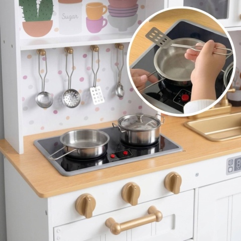 Kuchnia dla dzieci z dźwiękami i LED drewniana duża otwierane szafki 7 akcesoriów ECOTOYS