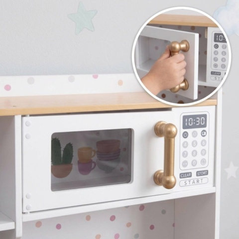 Kuchnia dla dzieci z dźwiękami i LED drewniana duża otwierane szafki 7 akcesoriów ECOTOYS