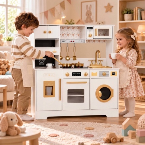 Drewniana duża kuchnia dla dzieci ekspres do kawy kostkarka do lodu akcesoria biała ECOTOYS